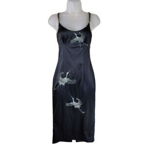 Julian Joyce 2 Cocktail‎ Dress Women Slip Black Silver Sequin Cranes LBD Vtg